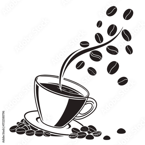 Stylized black and white illustration of a coffee cup with beans spilling and floating