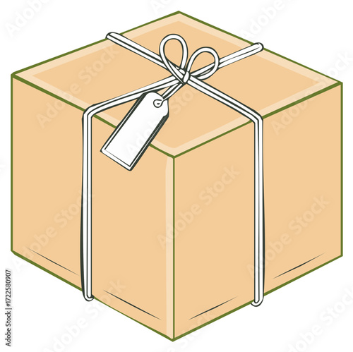 Brown cardboard box tied with white string and blank tag for shipping or gifting