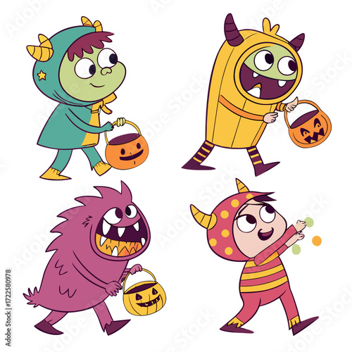 Cute cartoon monsters and children in halloween costumes trick or treating with candy buckets