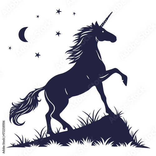 Majestic dark blue unicorn silhouette rearing up on a grassy hill under a starry night sky with a crescent moon
