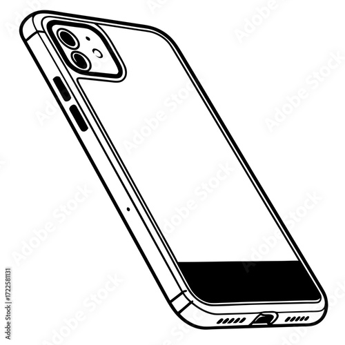 Minimalist black and white line art illustration of a modern smartphone with a dual camera system