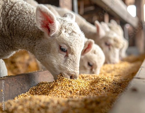 Three lambs eating feed in a barn