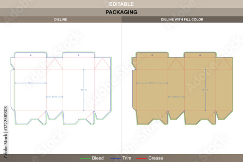Packaging box with hanging hole template design for retail display featuring detailed carton dieline and professional precision die line for production