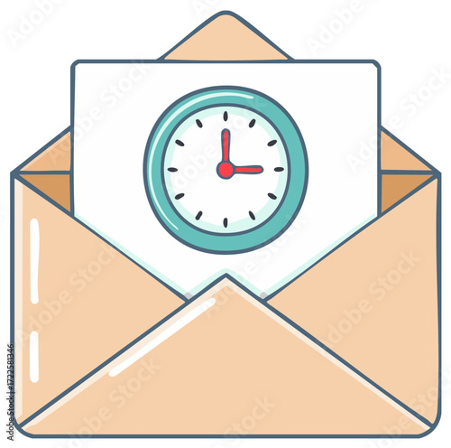 Cartoon Envelope with Clock Icon: Deadline Reminder, Email Time Management, Communication Concept