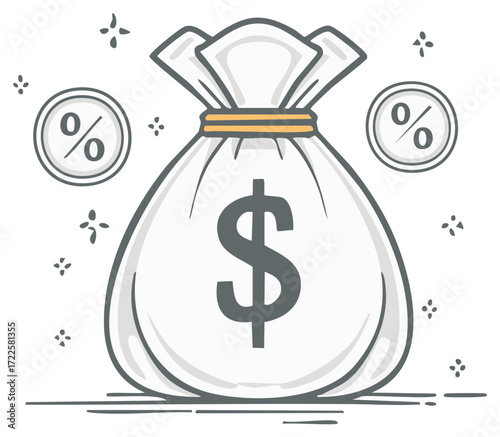 Money Bag with Dollar Sign and Percentage Icons Financial Savings Illustration