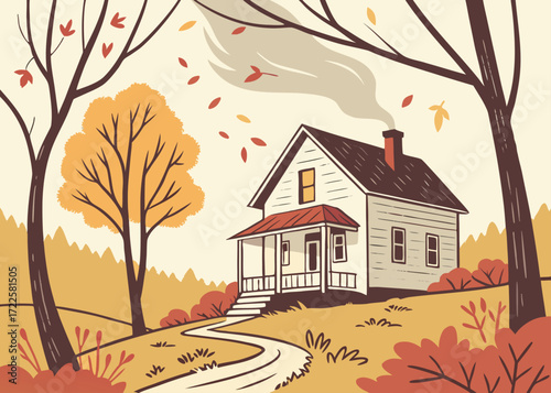 Cozy Autumn House with Smoke Coming from Chimney and Falling Leaves Keywords: autumn, fall, house, home, cottage, dwelling, residence, building, chimney, smoke, steam, leaves, trees, nature