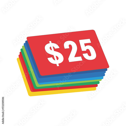 Colorful stack of $25 price tags for retail sales and discounts vector
