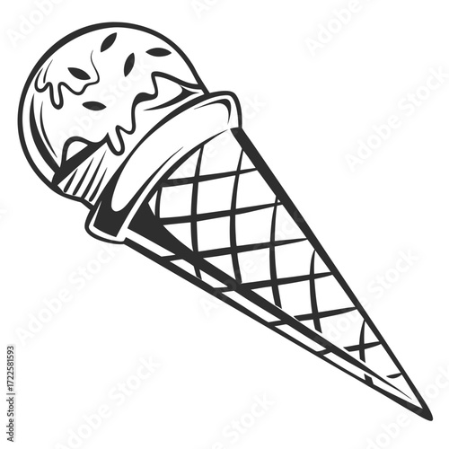 Stylized black and white illustration of a single scoop ice cream cone with melted drips and dark speckles