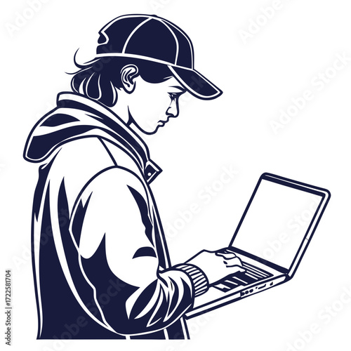 Young person wearing a baseball cap and hoodie using a laptop computer illustration