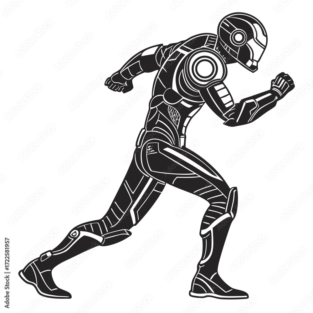 Fototapeta premium Futuristic cyborg warrior in dynamic running pose with intricate mechanical details