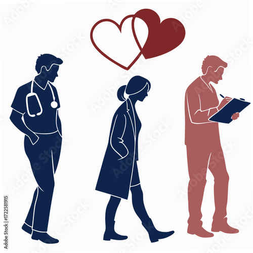 Diverse medical professionals united by care and compassion represented by intertwined hearts above