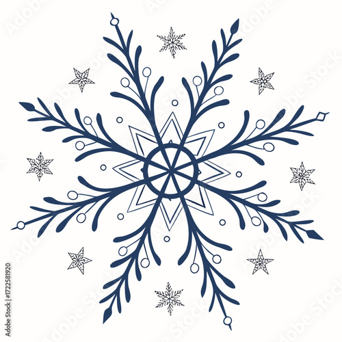 Elegant dark blue snowflake design with smaller star and snowflake accents on a white background
