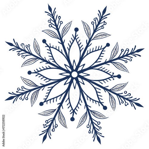 Elegant dark blue snowflake design with delicate leaves and berries on white background