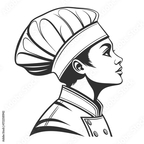Elegant female chef in toque and uniform profile view in black and white illustration
