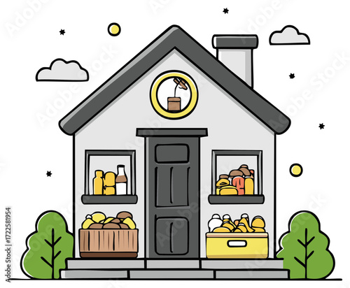 Illustration of a Grocery Store Building with food in Windows and on the Porch