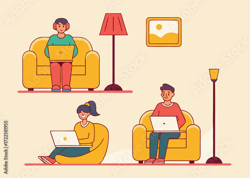 Diverse Group Working Remotely on Laptops in Comfortable Home Settings Keywords: remote work, work from home, laptop, computer, technology, people, men, women, comfortable, home, living room, sofa