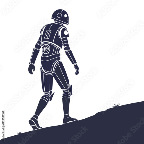 Silhouette of a droid walking uphill against a white background with sparse grass