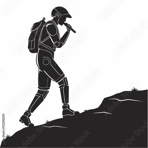 Silhouette of a futuristic robot hiker with a backpack climbing a rocky incline holding a microphone