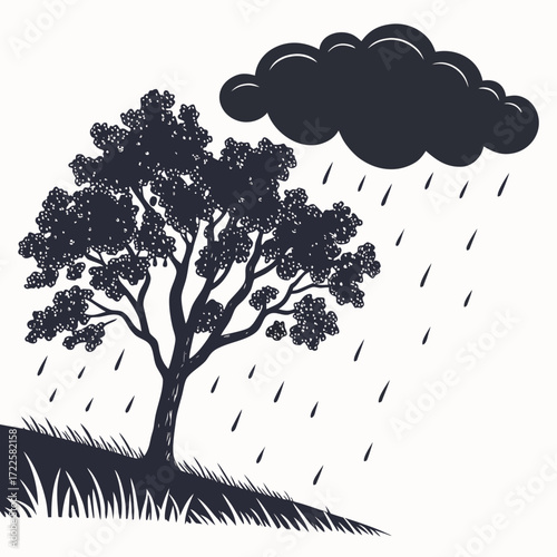 Silhouette of a lone tree on a grassy hill under a dark rain cloud with falling raindrops
