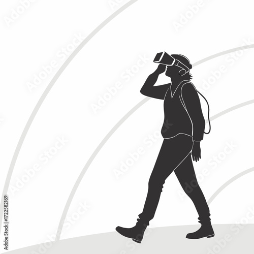 Silhouette of a person wearing virtual reality headset and headphones walking forward into the future