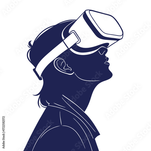 Silhouette of a person wearing virtual reality goggles looking upwards with a sense of wonder and exploration
