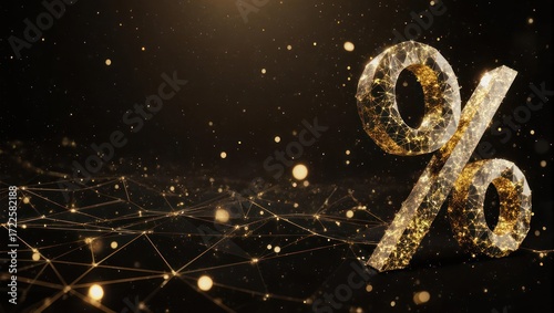 Golden percentage sign glowing with digital network connections, perfect for finance, technology, or special offers in a modern presentation
