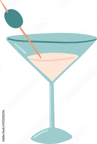 A martini glass with a peachcolored drink and an olive