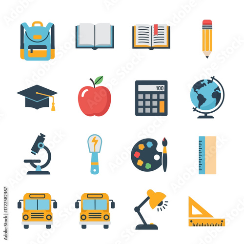 Collection of colorful school and education related icons on a white background.