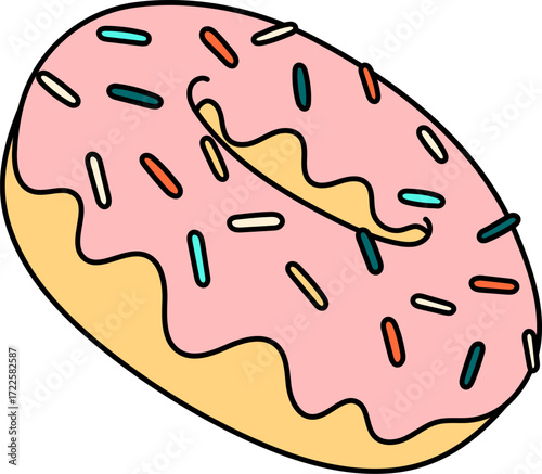 A pink donut with yellow frosting and colorful sprinkles