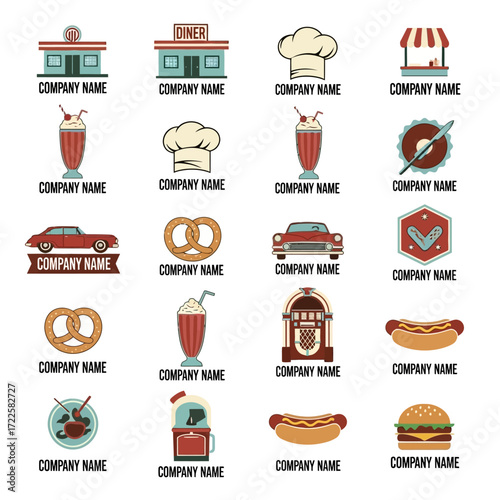 Collection of retro diner and fast food restaurant logos and icons.