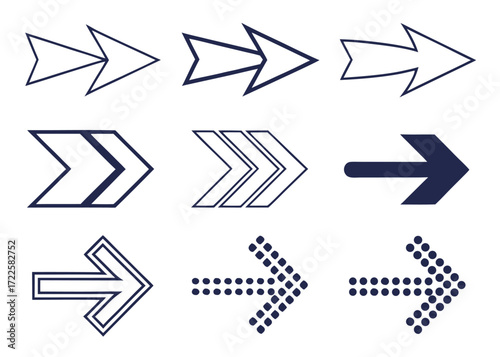 Geometric Arrow Icons in Navy Blue and Outline Styles on White symbol direction