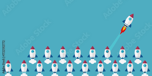 One rocket ship breaks away from the rest launching into the sky with a bright flame and trail