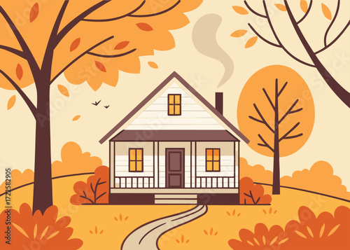 Front View of an Autumn House with Trees and Falling Leaves Keywords: autumn, fall, house, home, cottage, dwelling, residence, building, chimney, smoke, steam, leaves, trees, nature, landscape