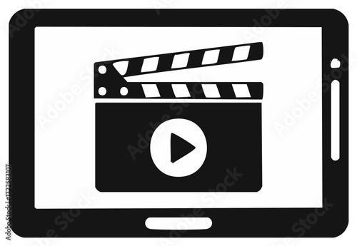 Tablet displaying movie clapperboard with play icon for digital entertainment access and video production concept