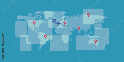 Global travel map with airplanes and location pins indicating destinations and routes