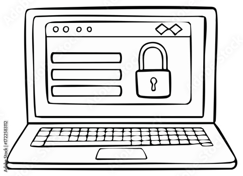 Laptop computer screen displays login fields and a padlock icon representing security