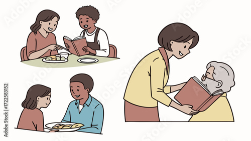 Family and Friendship Love Vector Set with Sharing, Helping, Caring and Living Together in Peace Illustration