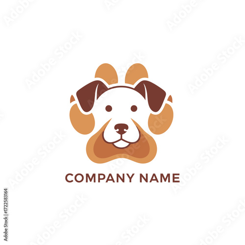 Cute dog face inside a paw print logo design.