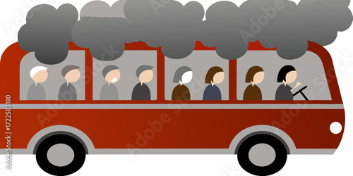 Cartoon bus filled with passengers emitting thick dark smoke from the roof signifying a problem