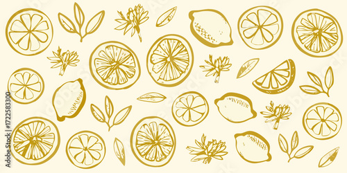 Hand drawn golden yellow lemon slices whole lemons and leaves pattern on beige background