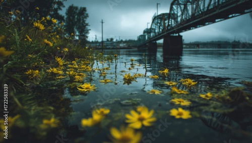 Yellow flowers on riverbank under bridge
