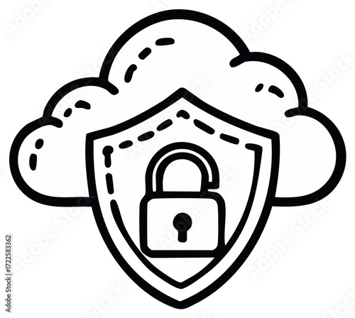Cloud data security icon with a lock and protective shield