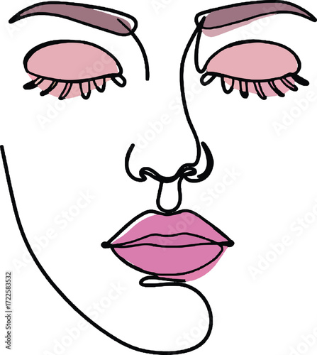 Minimalist One Line Drawing of Woman Face with Makeup Elegant one line art portrait of a woman’s face with makeup highlights. Perfect for beauty, fashion, and modern art project closed eye
