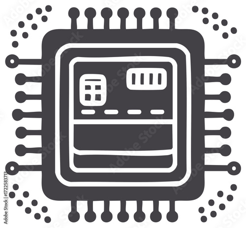 Stylized Computer Chip with Data Bars Graphic Design Illustration Showing Electronic Components and Pin Connections