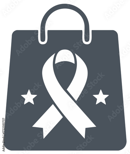 Charity Fundraising and Donation Icon with Shopping Bag and Awareness Ribbon