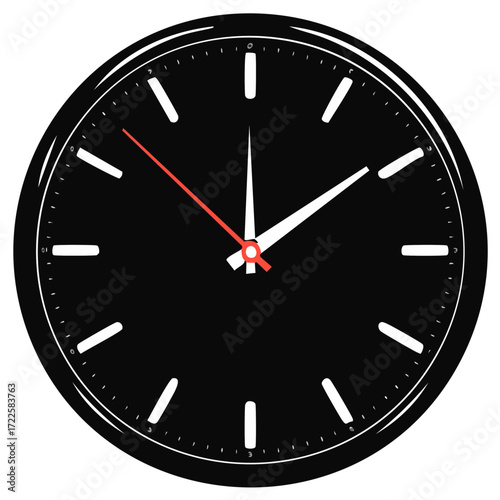 Simple black analog clock face with white hour markers and red second hand