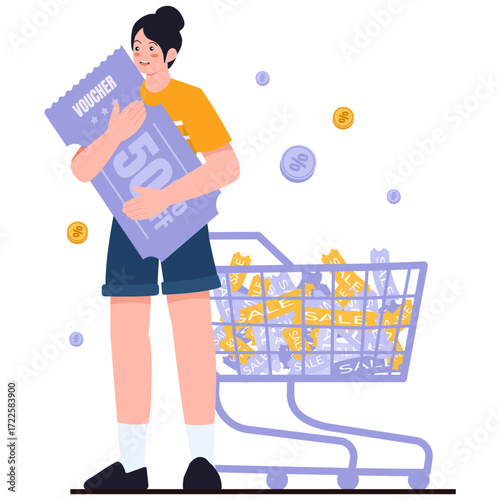 Woman holding large coupon by shopping cart full of sale tags