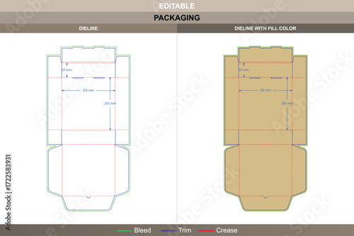 Pizza tray dieline with self locking walls and hinged lid design, editable carton packaging template for food service, folding mockup structure, and die line accuracy