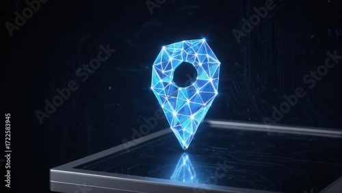 Innovative blue digital location pin glows on tech surface, perfect for navigation apps, futuristic concepts, and modern technology marketing campaigns