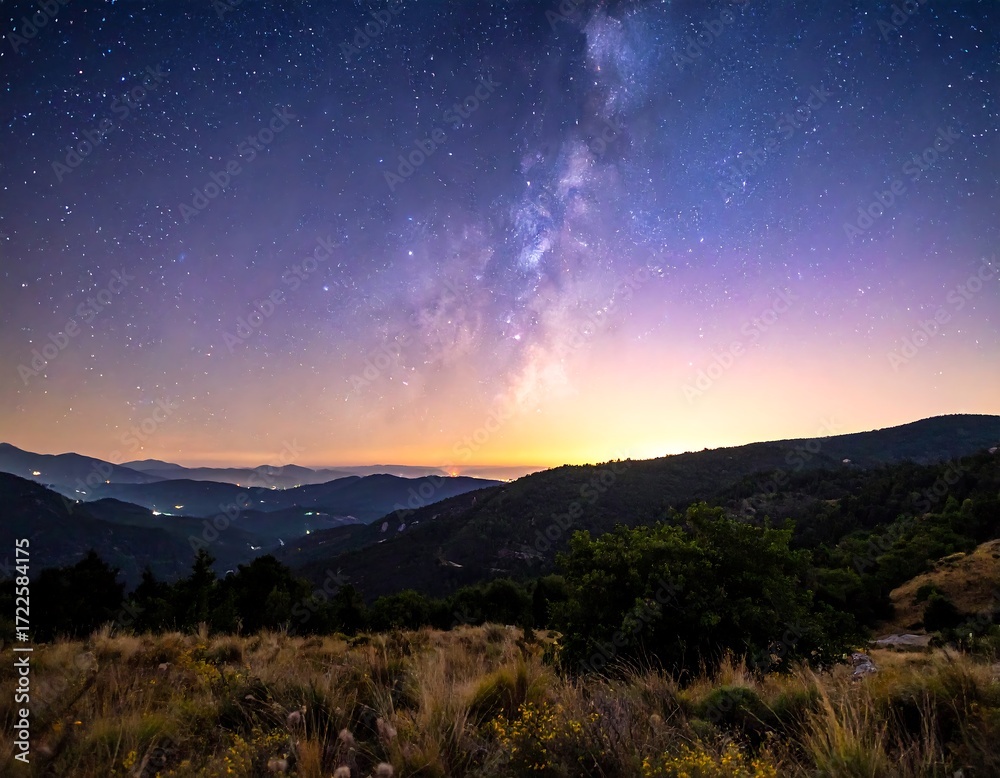 Fototapeta premium Panoramic view of a mountain landscape at dawn, with a vibrant Milky Way
